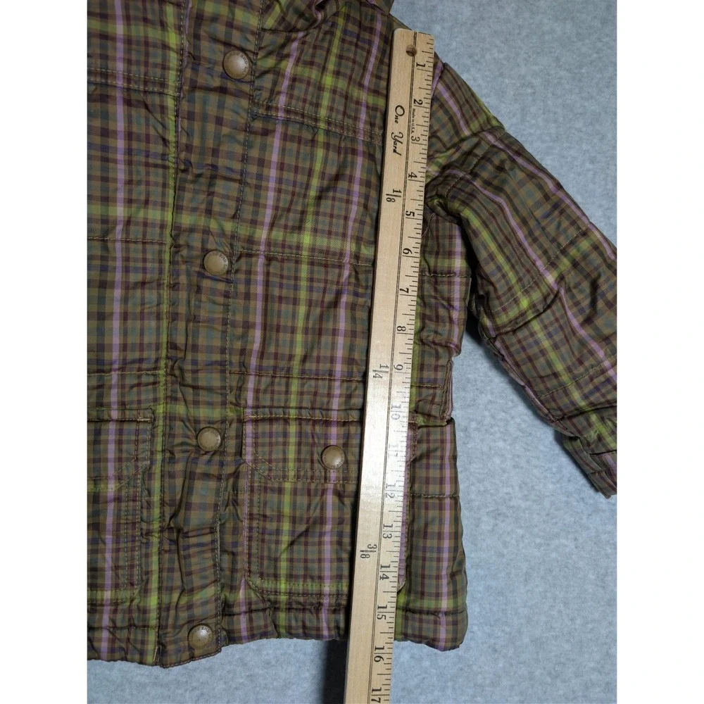 Lands End Kids Plaid Sherpa Lined Quilted Hooded Jacket Olive Green Brown 3T
